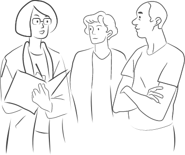 Hypothetical doctor discussing REBLOZYL® (luspatercept-aamt) treatment with patient and caregiver